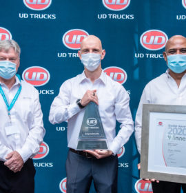 UD Trucks Lichtenburg’s Dealer Principal, Reitjie Laubscher, with UD Trucks Southern Africa’s Sales Director, Rory Schulz, (left), and Sanjay Naipal, Aftermarket Director (Right)