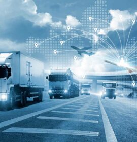 Transport and logistic concept, Freight shipping online, Businessman using tablet and data for global logistic network distribution on world map background, Business and technology, Blue tone.