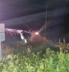 Truck crash leaves driver entrapped in vehicle.