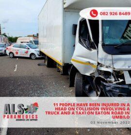 Eleven people injured in a head-on collision involving a truck and a taxi on Eaton Road in Umbilo