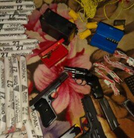 Suspects arrested in possession of dye-stained money, explosives as well as four firearms and ammunition.