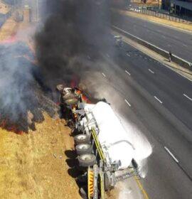 A truck conveying limestone overturned and caught fire on the R21 southbound at Griffiths off-ramp
