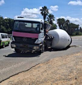 A cement truck’s mixer has overturned at the corner of Hole-in-One and Handicap Road, Ruimsig