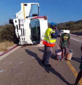 A truck transporting paint crashes on the R81 road at Sekgopo